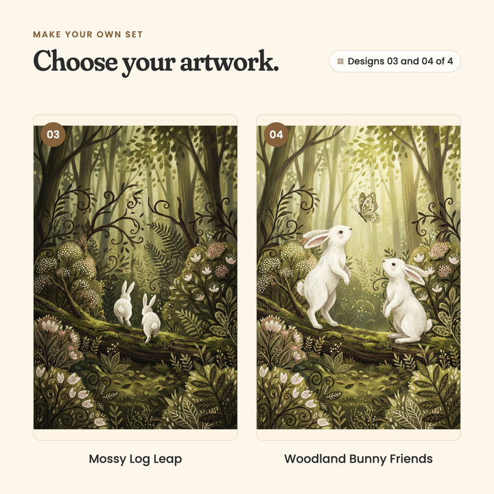 Designs 03 and 04 of 4: Mossy Log Leap, two white rabbits hopping away down a mossy log into the trees, and Woodland Bunny Friends, two white rabbits standing up on their back legs, watching a butterfly