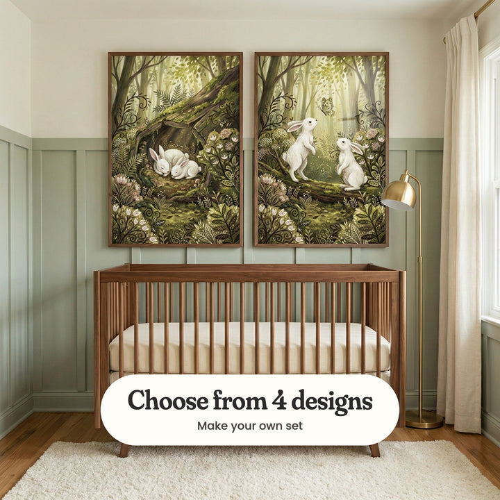 Sage green panelled nursery with two bunny prints in dark wood frames above a walnut crib, beside a brass floor lamp, a linen curtain and a white shaggy rug: Woodland Slumber and Woodland Bunny Friends, with a label reading Choose from 4 designs, Make your own set