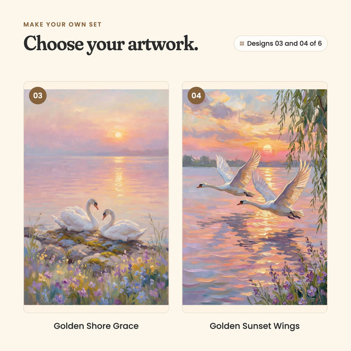 Designs 03 and 04 of 6: Golden Shore Grace, two swans resting on a mossy rock among lavender flowers at sunset, and Golden Sunset Wings, two swans flying low over the water away from the setting sun