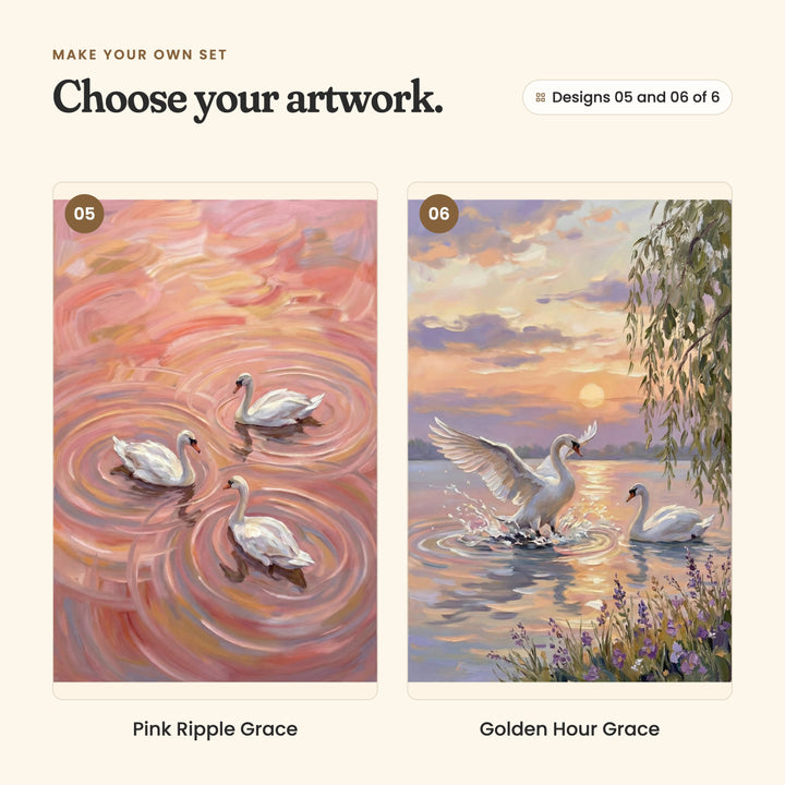 Designs 05 and 06 of 6: Pink Ripple Grace, three swans swimming in circles of pink and peach ripples, and Golden Hour Grace, a swan spreading its wings in a splash beside a second swan, under willow branches at sunset