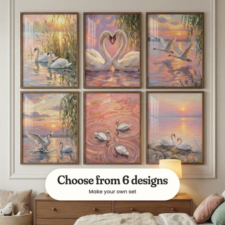Cream panelled room with six swan prints in dark wood frames in two rows above a wood dresser with a small lamp, beside a basket with a plush toy and a bed with a fluffy throw and pink and green cushions: Golden Lake Grace, Swan Heart Sunset, Golden Sunset Wings, Golden Hour Grace, Pink Ripple Grace and Golden Shore Grace, with a label reading Choose from 6 designs, Make your own set