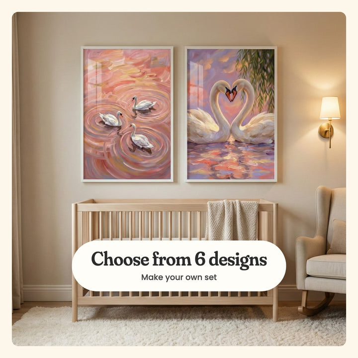 Cream nursery with two swan prints in white frames above a light wood crib with a knit blanket, beside a brass wall lamp, a cream rocking armchair and a fluffy rug: Pink Ripple Grace and Swan Heart Sunset, labeled Choose from 6 designs, Make your own set