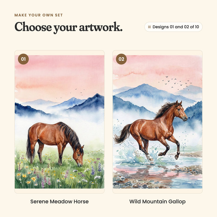 Designs 01 and 02 of 10: Serene Meadow Horse, a horse grazing among wildflowers below misty blue mountains, and Wild Mountain Gallop, a horse galloping through a splashing stream