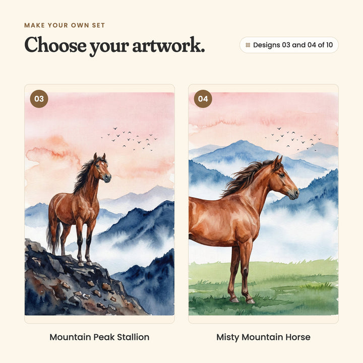 Designs 03 and 04 of 10: Mountain Peak Stallion, a horse standing on a rocky outcrop above misty mountains, and Misty Mountain Horse, a horse standing in profile on green grass with mountains behind