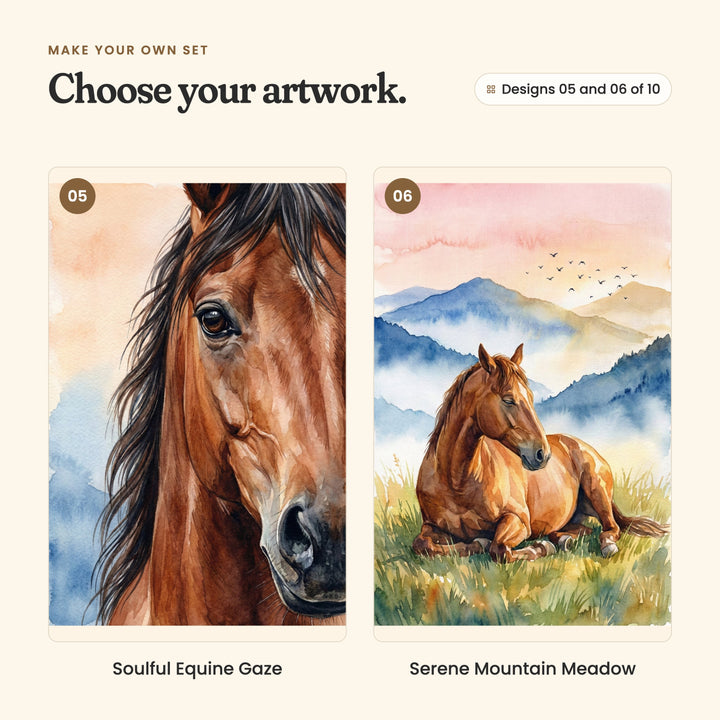 Designs 05 and 06 of 10: Soulful Equine Gaze, a close-up of a horse's face and dark mane, and Serene Mountain Meadow, a horse lying in golden grass with its eyes closed