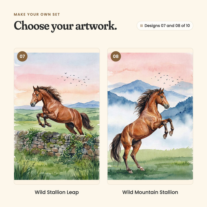 Designs 07 and 08 of 10: Wild Stallion Leap, a horse leaping over a mossy stone wall, and Wild Mountain Stallion, a horse rearing up on its hind legs