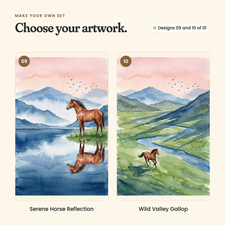 Designs 09 and 10 of 10: Serene Horse Reflection, a horse at a lake's edge reflected in the water, and Wild Valley Gallop, a small horse running through a green valley beside a winding river