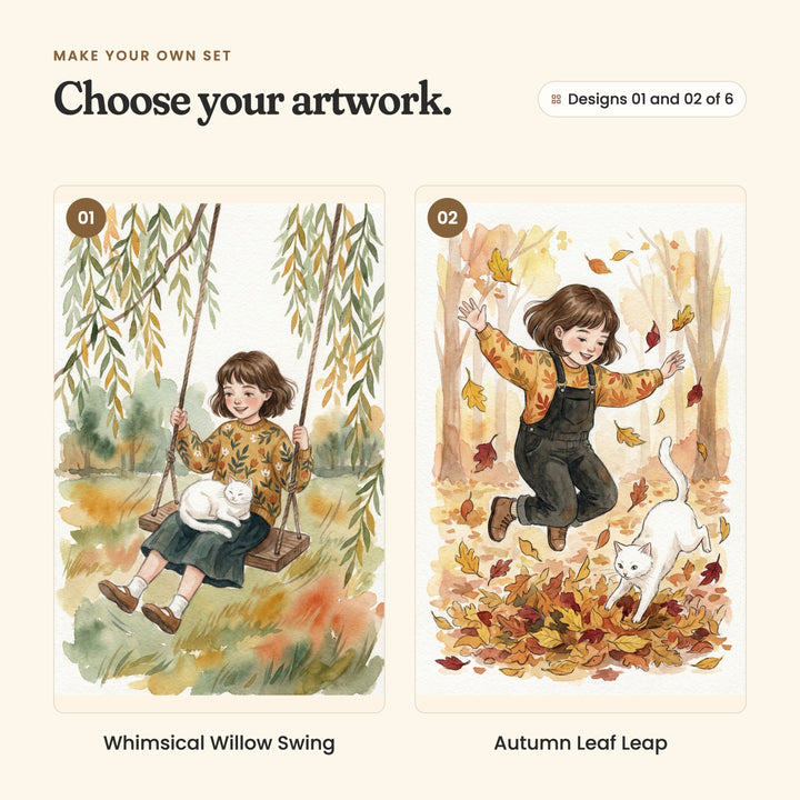 Designs 01 and 02 of 6: Whimsical Willow Swing, the girl on a swing under willow branches with her cat in her lap, and Autumn Leaf Leap, the girl leaping into a pile of autumn leaves as her cat bounds after her