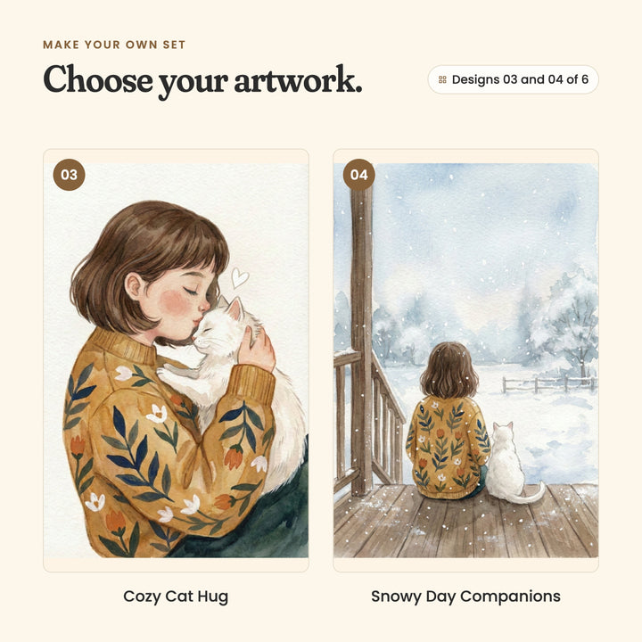 Designs 03 and 04 of 6: Cozy Cat Hug, the girl holding her white cat close for a kiss, and Snowy Day Companions, the girl and her cat sitting on a porch watching the snow