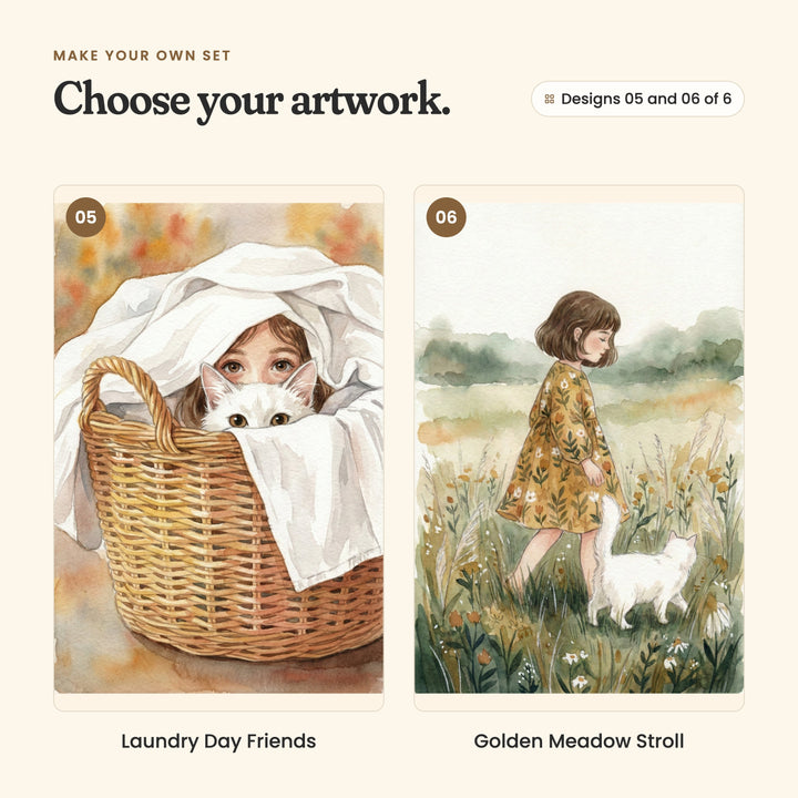 Designs 05 and 06 of 6: Laundry Day Friends, the girl and her cat peeking out of a laundry basket under a white sheet, and Golden Meadow Stroll, the girl walking through a grassy meadow with her cat