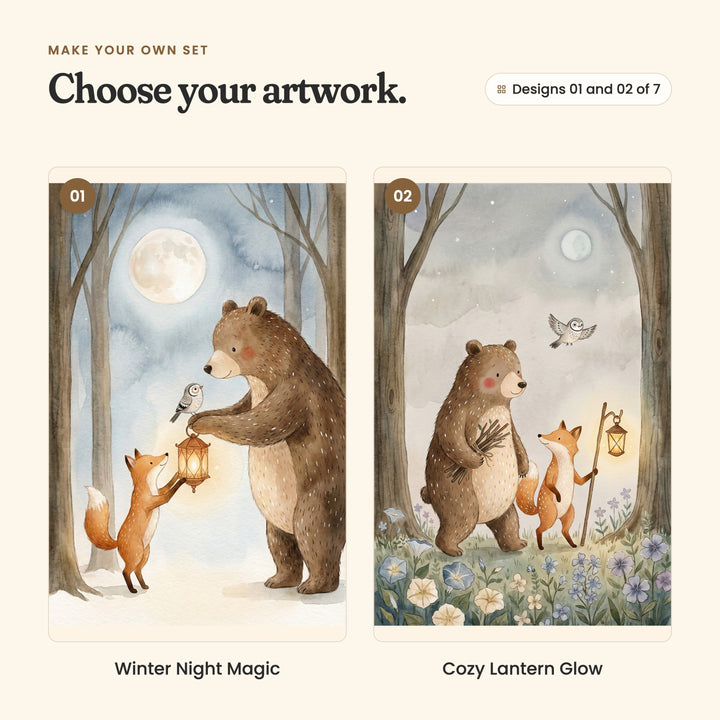 Designs 01 and 02 of 7: Winter Night Magic, a bear handing a glowing lantern to a fox under a full moon in a pale forest, with a little bird, and Cozy Lantern Glow, a bear carrying sticks beside a fox holding a lantern on a staff among wildflowers, with an owl flying