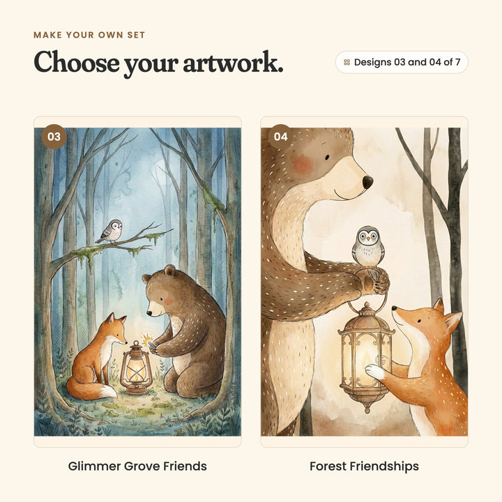 Designs 03 and 04 of 7: Glimmer Grove Friends, a bear and a fox beside an old lantern in a misty blue forest, with an owl on a branch, and Forest Friendships, a close-up bear holding a lantern with an owl perched on top as a fox reaches up