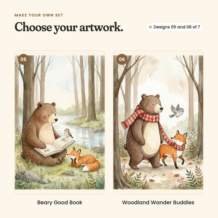 Designs 05 and 06 of 7: Beary Good Book, a bear reading a book by a river with a fox curled beside him and a little bird, and Woodland Wander Buddies, a bear and a fox walking together in matching red striped scarves, with an owl flying