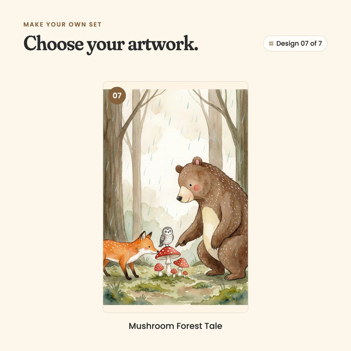 Design 07 of 7: Mushroom Forest Tale, a bear, a fox and an owl by red-spotted mushrooms in a gentle rain