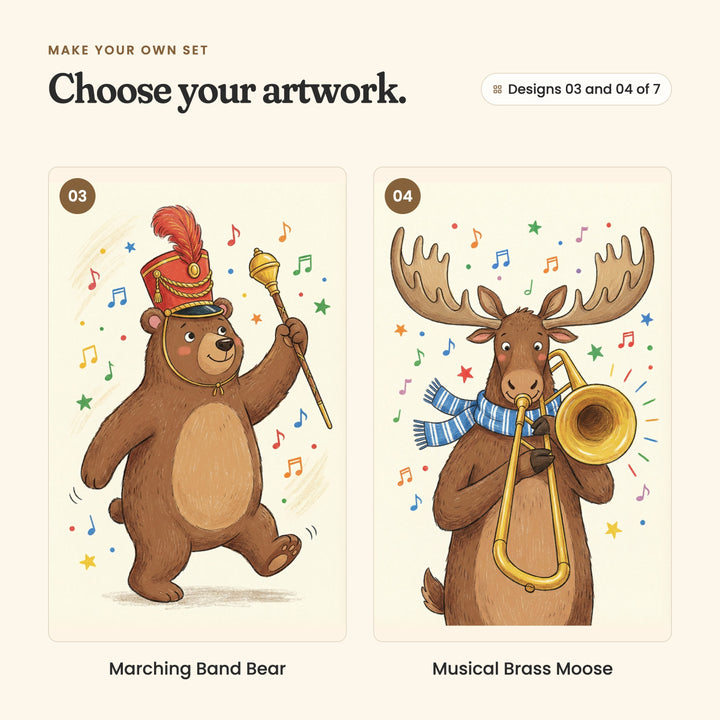 Designs 03 and 04 of 7: Marching Band Bear, a bear in a red plumed band hat marching with a baton, and Musical Brass Moose, a moose in a striped scarf playing a trombone