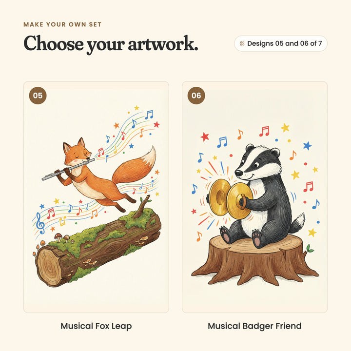 Designs 05 and 06 of 7: Musical Fox Leap, a fox playing a flute as it leaps over a mossy log, and Musical Badger Friend, a badger on a tree stump crashing gold cymbals