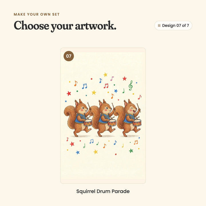 Design 07 of 7: Squirrel Drum Parade, three squirrels in blue vests marching with drums