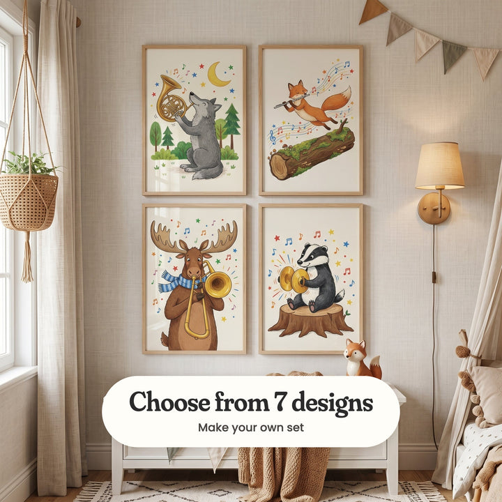 Cream nursery with four music animal prints in light wood frames in two rows above a white bench with a plush fox, beside a brass wall light, a hanging plant and a pennant garland: Moonlit Wolf Melody, Musical Fox Leap, Musical Brass Moose and Musical Badger Friend, with a label reading Choose from 7 designs, Make your own set