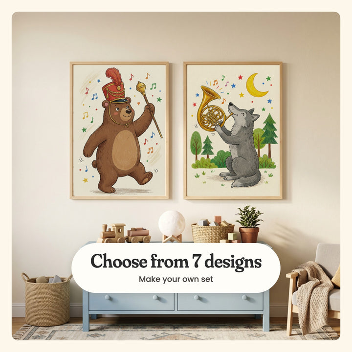 Cream room with two music animal prints in light wood frames above a pale blue dresser with a wooden train, a moon lamp and a woven basket, beside a wood armchair: Marching Band Bear and Moonlit Wolf Melody, labeled Choose from 7 designs, Make your own set