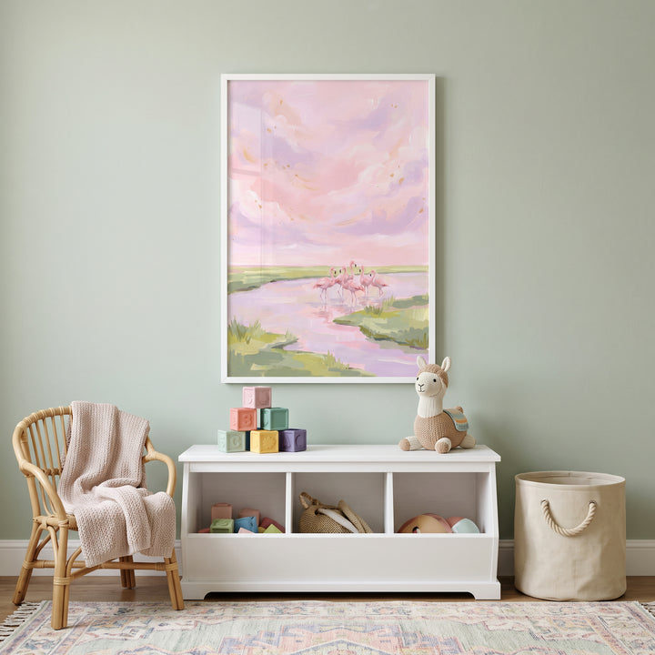 Wading blush pink flamingo animal wall art above a white toy chest and llama plush in a soft green nursery.