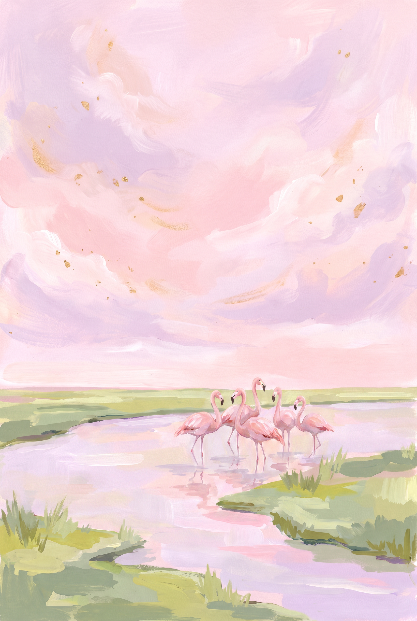 Wading Blush Pink Flamingo Animal Wall Art - Pastel Flamingo Lagoon