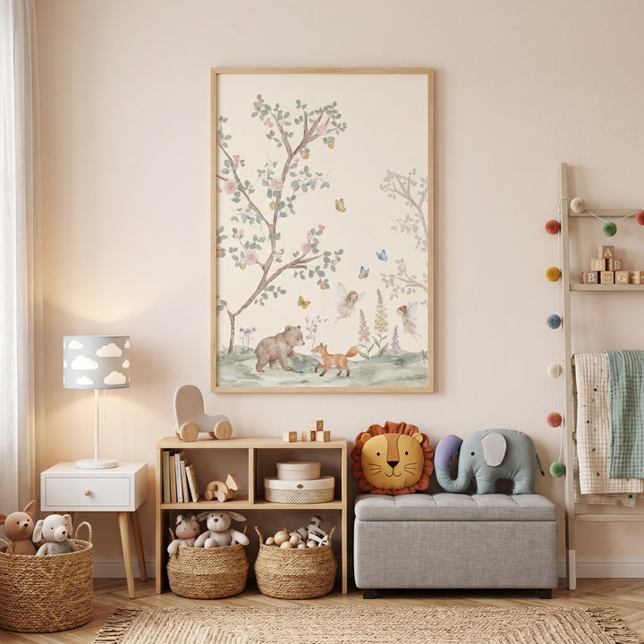 Neutral nursery with walking bear and fox wall art, animal cushions on a bench, and a wooden shelf filled with toys.