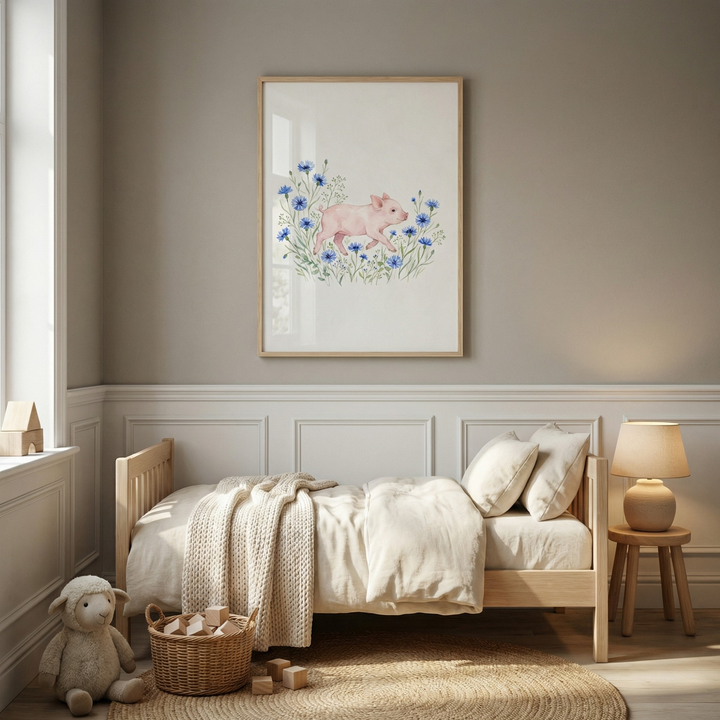A serene nursery in neutral tones features a light-wood bed with cream bedding. Above it hangs a large framed artwork showing a small pink piglet running through blue flowers. To the right, a wooden stool holds a lamp. On a round braided rug below, a plush sheep toy sits near a basket of wooden blocks. Soft light from a side window illuminates the minimalist space, which includes white wainscoting and warm beige walls.