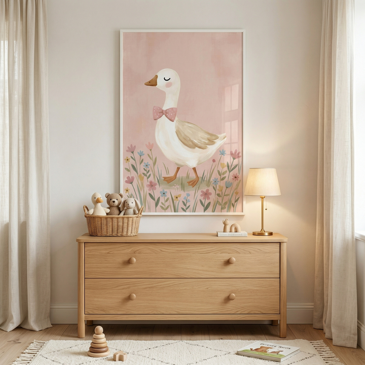 A serene nursery features a large framed illustration of a white goose with a pink bow tie, strolling through a meadow of wildflowers against a soft pink backdrop. This artwork is mounted on a light wall above a two-drawer wooden dresser. On top of the dresser, a woven basket holds soft plush animals, next to a small table lamp and a wooden toy. Flanking the furniture are floor-length white curtains. A light-colored patterned rug covers the floor, with a wooden ring stacker and a book.