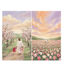 Christian wall art set featuring two soft pastel paintings of Jesus walking with a young girl through blooming spring landscapes. One panel shows Jesus holding the child’s hand along a winding path lined with pink flowering trees while petals fall gently around them, and the other captures them standing together in a vast field of pink and white tulips beneath a glowing peach and lavender sunset sky. Gentle brushstrokes and warm uplifting tones create a peaceful faith inspired atmosphere perfect for nursery