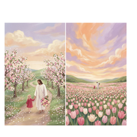 Christian wall art set featuring two soft pastel paintings of Jesus walking with a young girl through blooming spring landscapes. One panel shows Jesus holding the child’s hand along a winding path lined with pink flowering trees while petals fall gently around them, and the other captures them standing together in a vast field of pink and white tulips beneath a glowing peach and lavender sunset sky. Gentle brushstrokes and warm uplifting tones create a peaceful faith inspired atmosphere perfect for nursery