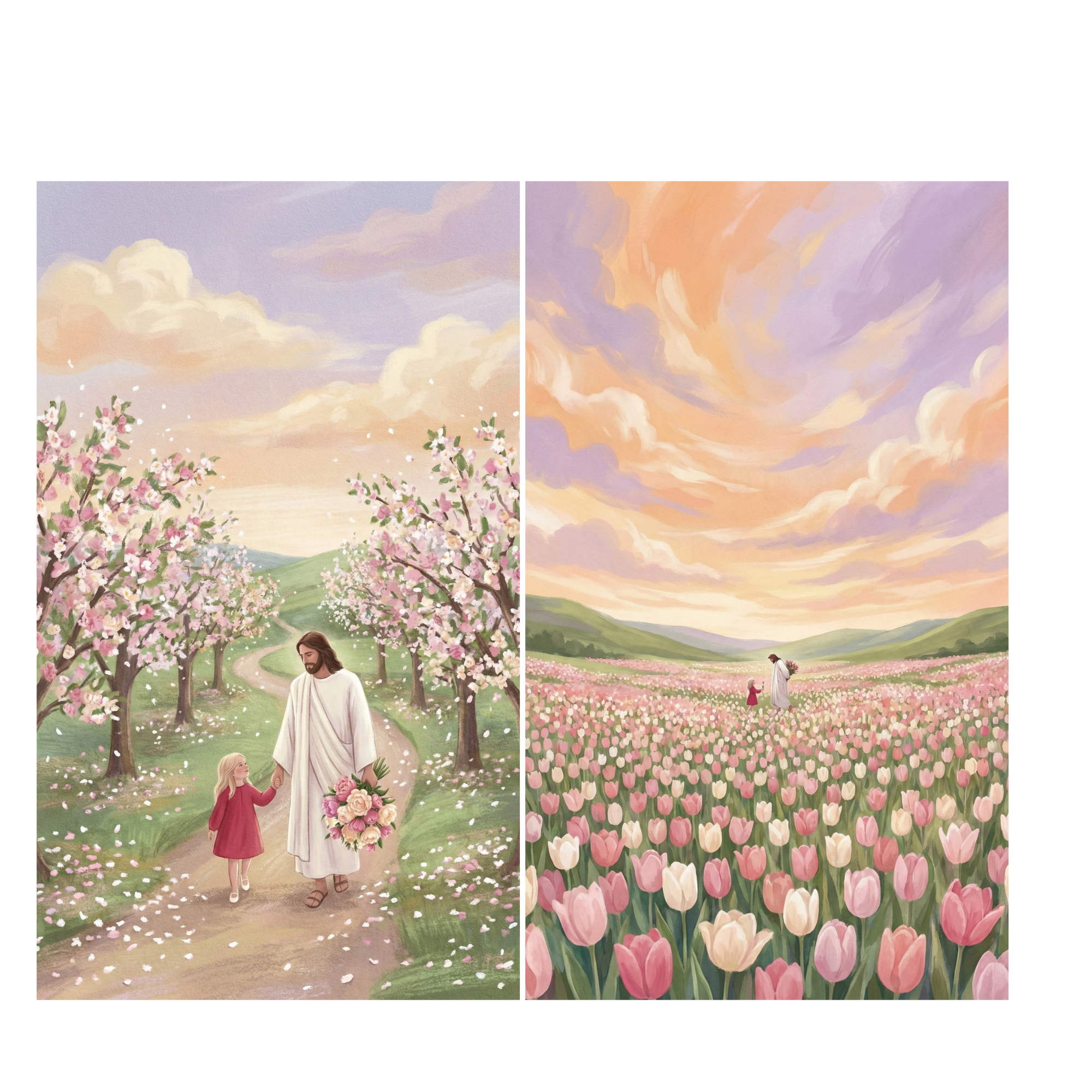 Christian wall art set featuring two soft pastel paintings of Jesus walking with a young girl through blooming spring landscapes. One panel shows Jesus holding the child’s hand along a winding path lined with pink flowering trees while petals fall gently around them, and the other captures them standing together in a vast field of pink and white tulips beneath a glowing peach and lavender sunset sky. Gentle brushstrokes and warm uplifting tones create a peaceful faith inspired atmosphere perfect for nursery