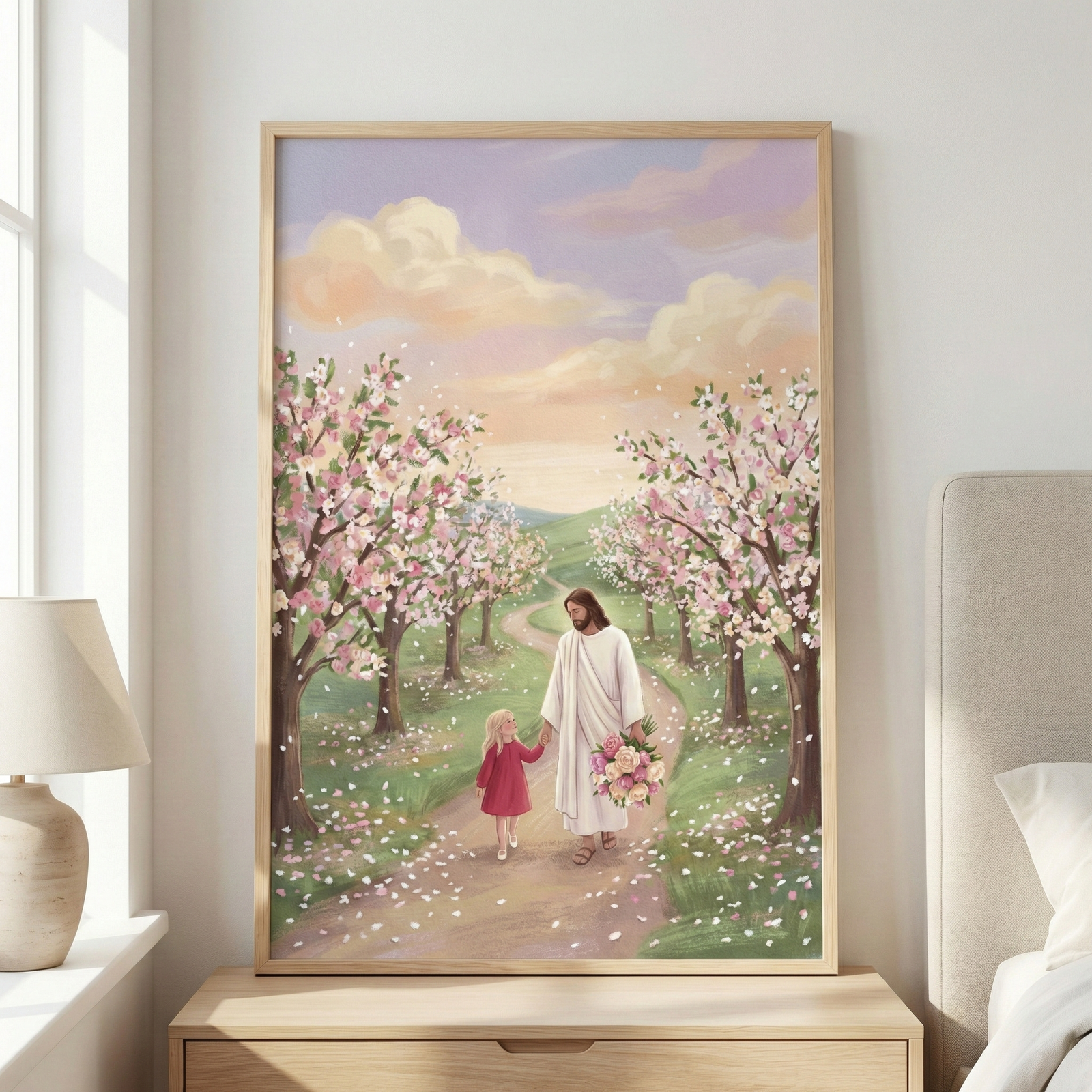 A framed piece of artwork on a light wood nightstand shows Jesus Christ walking hand-in-hand with a young girl in a red dress. Jesus wears a white robe and carries a bouquet of pink flowers. They are strolling down a path lined with blossoming trees that are shedding pink and white petals onto the ground. The scene is set against a background of rolling green hills and a colorful pastel sky with clouds in shades of purple and orange.