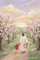 Whimsical illustration of Jesus walking with a young girl along a winding path lined with pink flowering trees. Petals drift through the air as he carries a large bouquet of roses. The warm pastel sky and falling blossoms create a gentle storybook setting.
