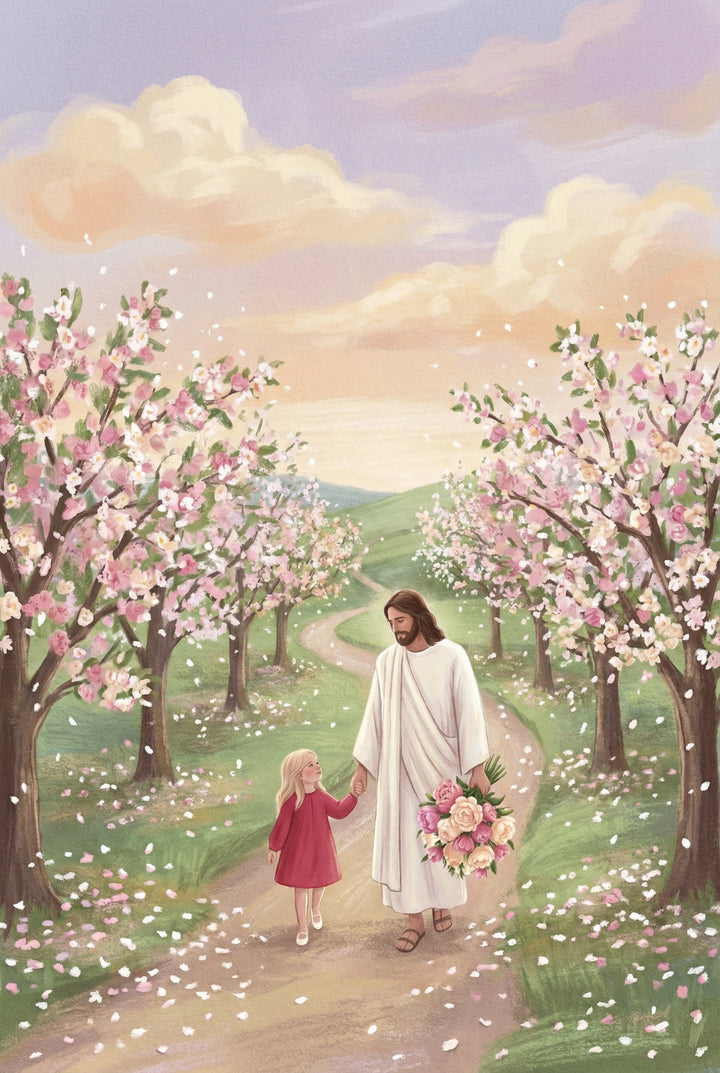 Whimsical illustration of Jesus walking with a young girl along a winding path lined with pink flowering trees. Petals drift through the air as he carries a large bouquet of roses. The warm pastel sky and falling blossoms create a gentle storybook setting.
