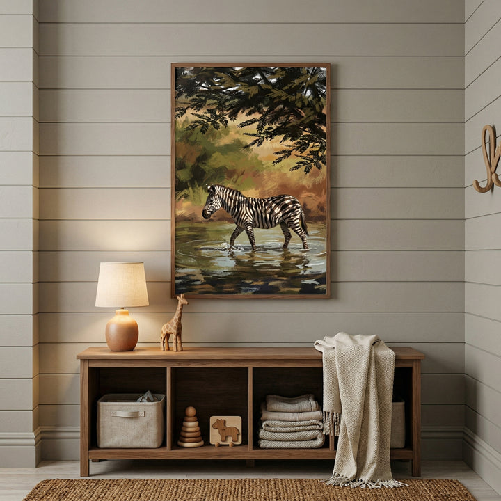 This interior scene showcases a serene and modern nursery or child's room with neutral tones. The walls are finished with light gray horizontal wooden planks, creating a soft backdrop. 

Dominating the center of the wall is a large, vertical framed artwork depicting a zebra walking through a shallow body of water.
