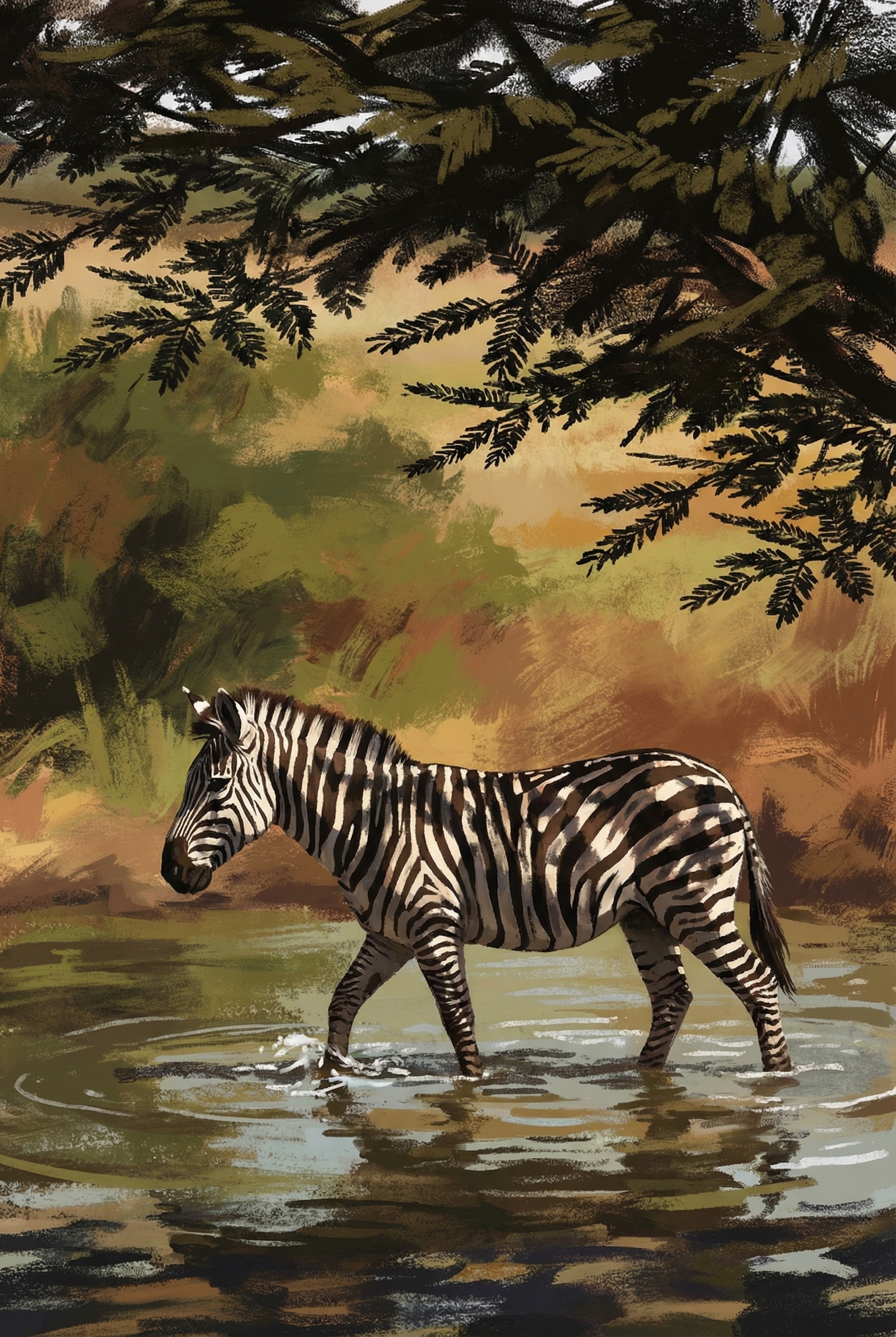 Walking Savanna Safari Zebra Wall Art - Striped River Crossing