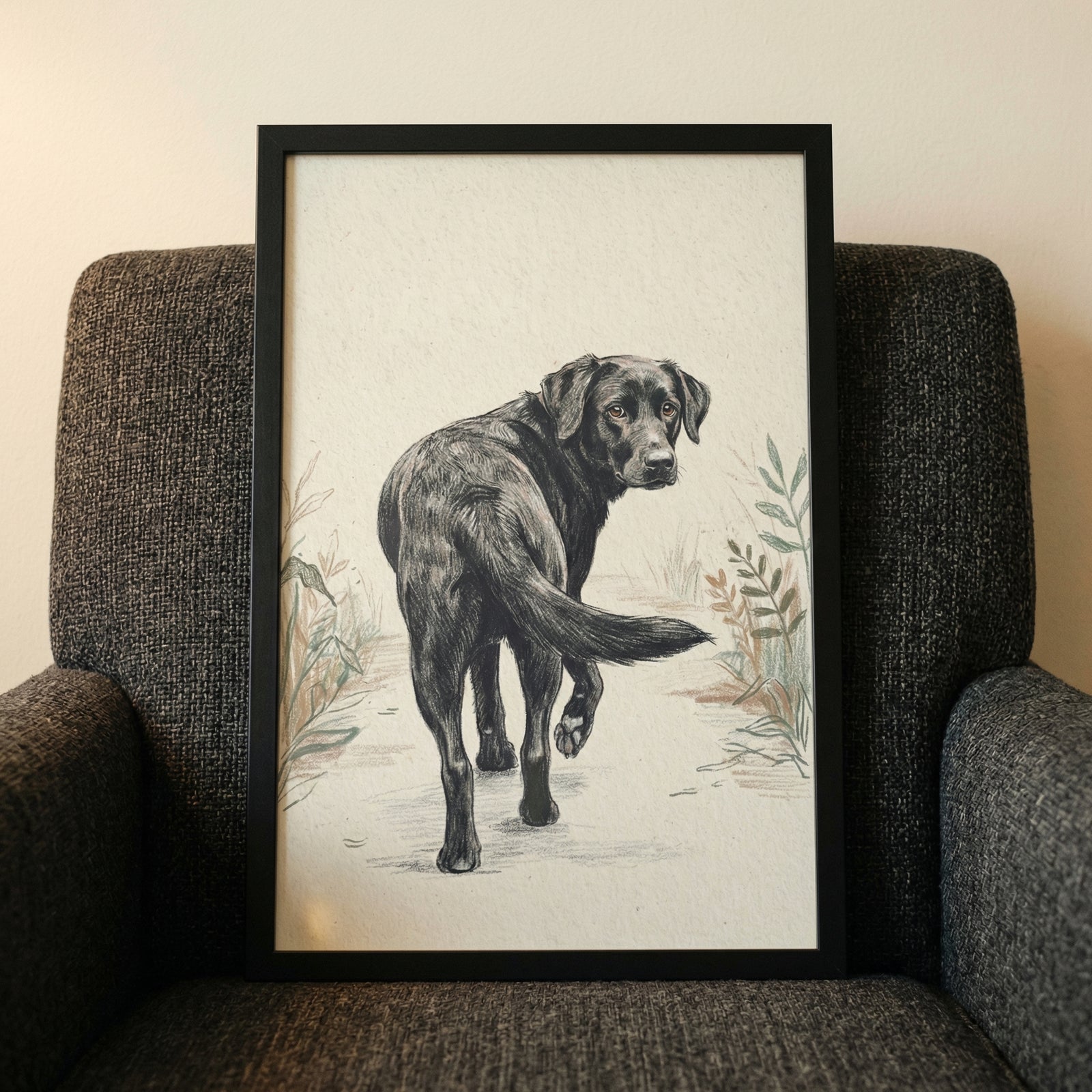 A vertically-oriented black frame sits on a textured dark grey armchair. Inside the frame is an illustration of a black dog, resembling a Labrador, walking down a dirt path. The dog is depicted from behind but is looking back over its shoulder towards the viewer with a gentle expression. 