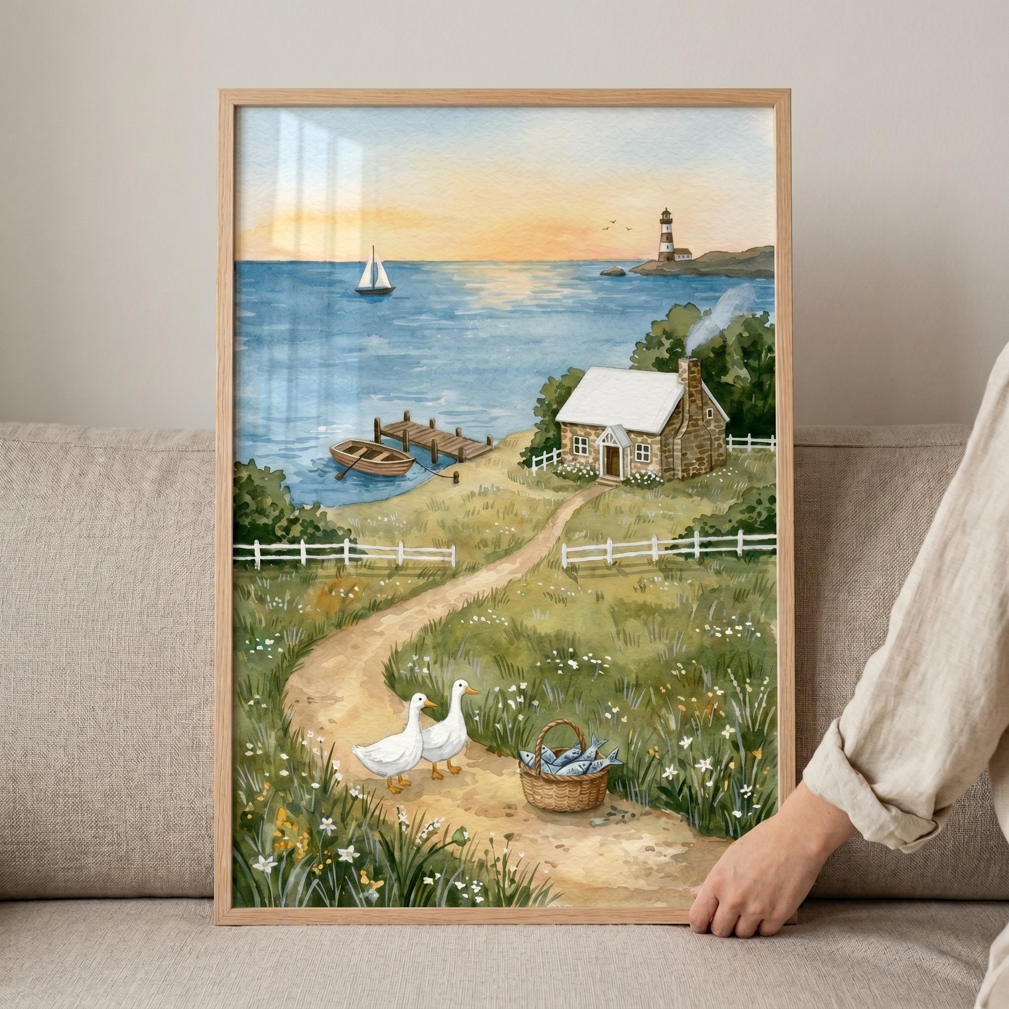 Walking White Geese Wall Art - Serene Coastal Path