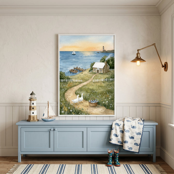 Walking white geese wall art hangs above a blue sideboard in a coastal room with a striped rug and nautical decor.