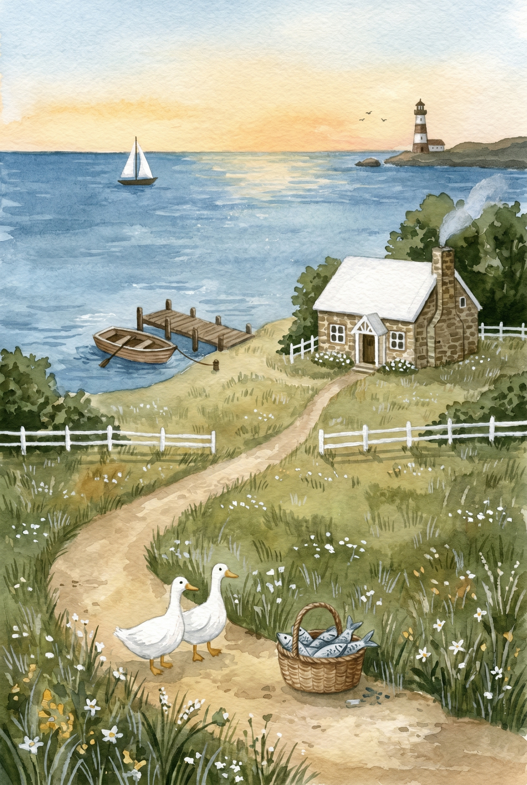 Walking White Geese Wall Art - Serene Coastal Path