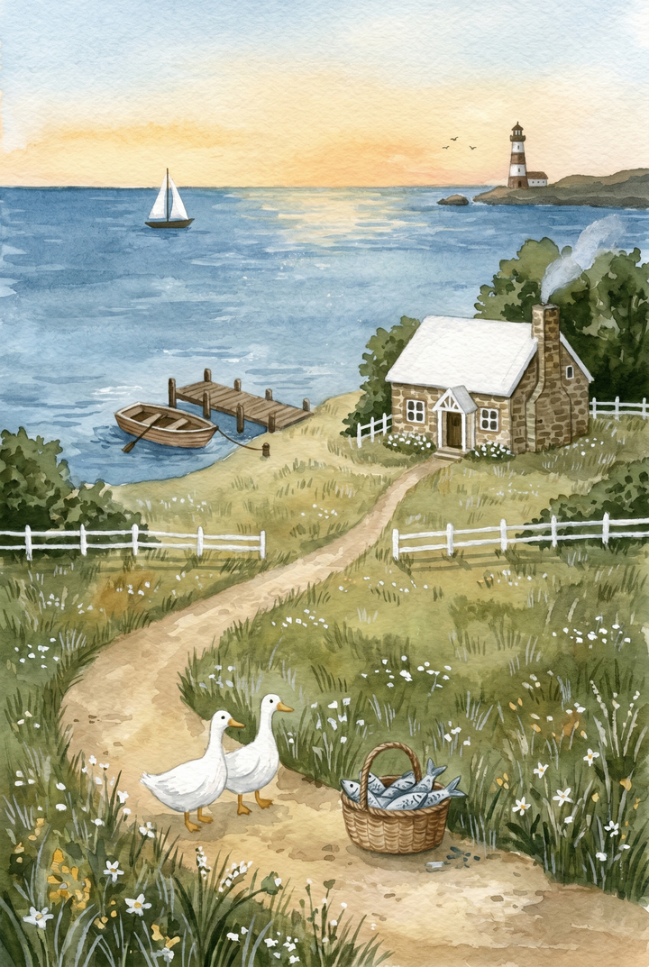 Walking white geese wall art on a path by a basket of fish near a stone cottage and coastal lighthouse at sunset.