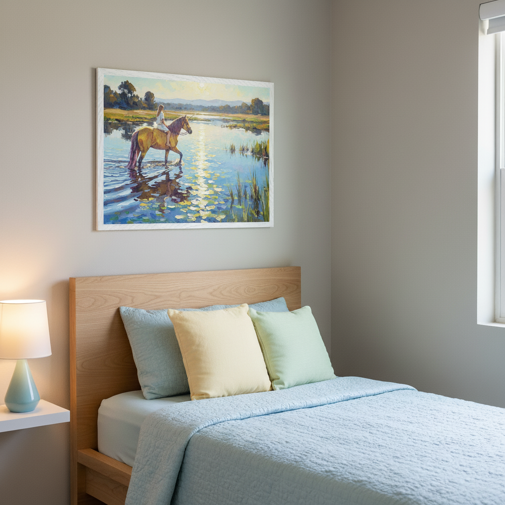 Bright bedroom with a wooden bed, light blue sheet, quilted blanket, and three pillows. A white nightstand with a light blue lamp is to the left. Above the bed, a framed impressionistic art shows a person riding a golden unicorn through a sunlit pond with water lilies.