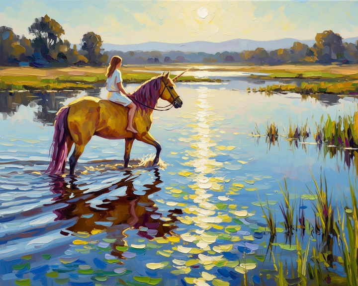 A painting depicts a serene scene of a person riding a golden unicorn with a pink mane through a tranquil body of water. The sun reflects off the water's surface, creating a shimmering path. Lush greenery and distant trees line the horizon under a clear sky.