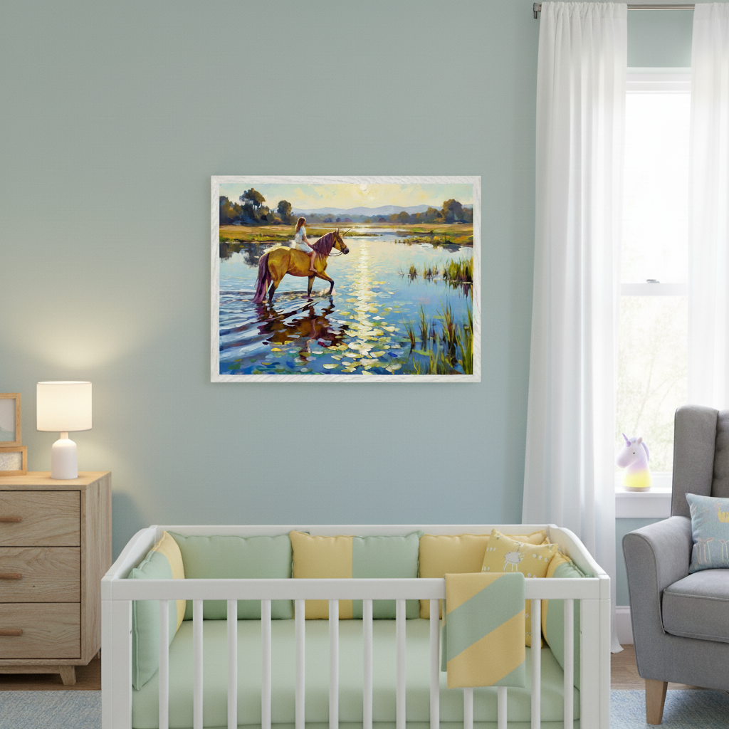 Modern nursery with a white crib, light wood dresser, and gray armchair. A large framed illustration of a girl riding a unicorn-like horse through sunlit water with lily pads hangs on the wall above the crib.