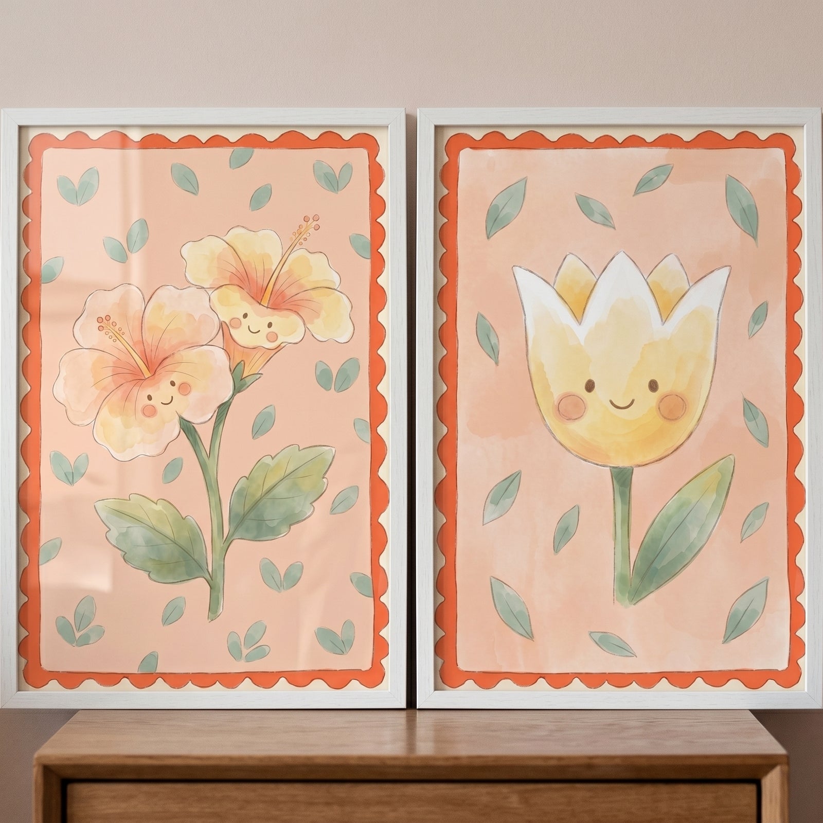 Warm apricot smiling flower wall art set of 2 framed watercolor illustrations of a tulip and hibiscus with happy faces.