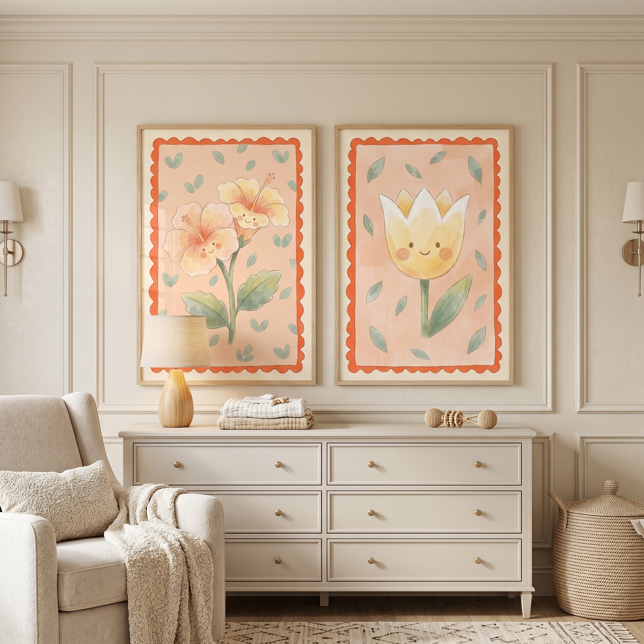 Warm Apricot Smiling Flower Wall Art Set of 2 - Happy Floral Friends