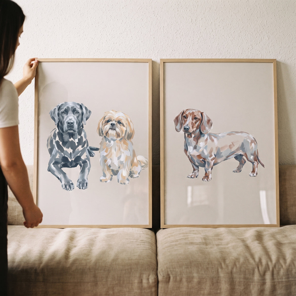 Warm beige painterly dogs wall art set of 2 featuring labrador, shih tzu, and dachshund illustrations in wood frames.
