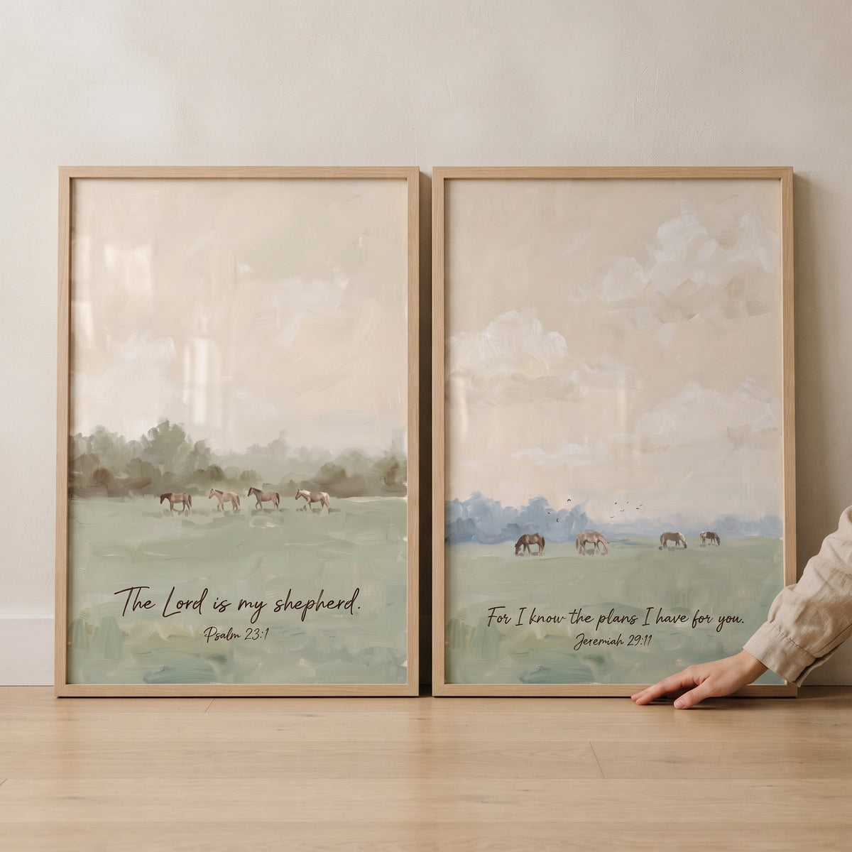 Warm beige sky horse wall art set of 2 with scripture verses and horses in a field, framed in light wood.
