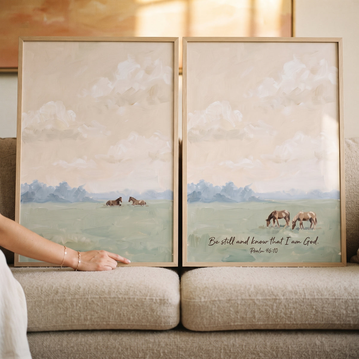 Warm Blush Field Horse Wall Art Set of 2 - Peaceful Pasture Psalm