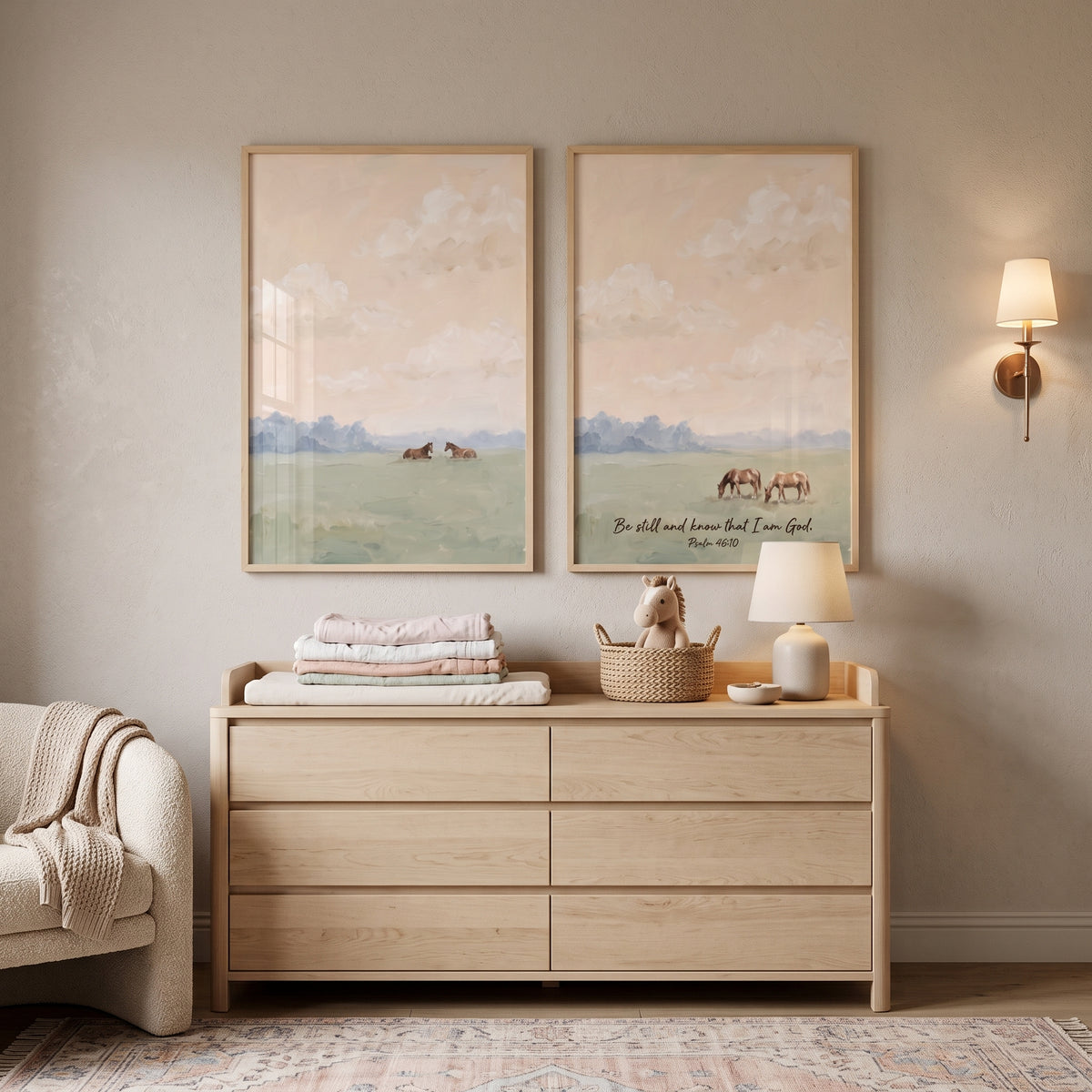 Warm Blush Field Horse Wall Art Set of 2 - Peaceful Pasture Psalm